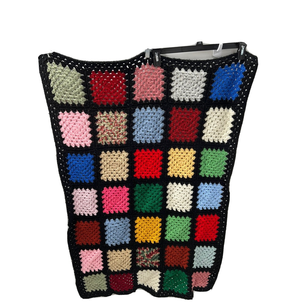 Vtg Granny Square Afghan Throw Crochet Blanket 33" X 43" Black Handmade Red
